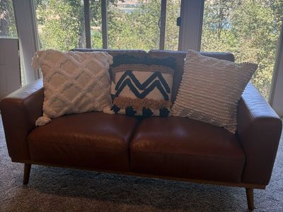 Mid-Century Modern Brown Leather Sofa and Loveseat Set (Barely Used)