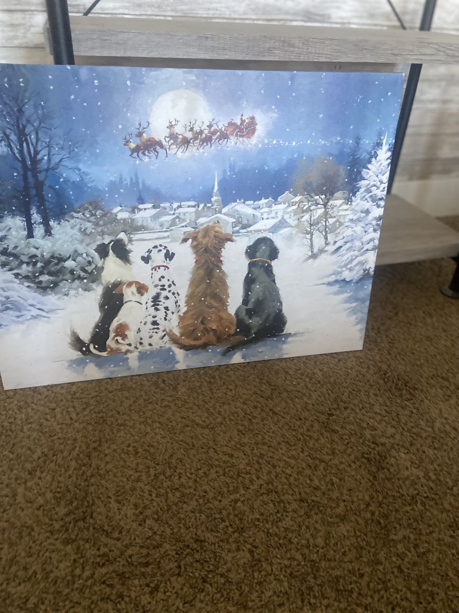 Wall Art Decor - Christmas Dogs Santa Painting Snow Village Full Moon - with lights(batterie included)