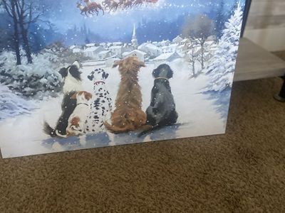 Wall Art Decor - Christmas Dogs Santa Painting Snow Village Full Moon - with lights(batterie included)