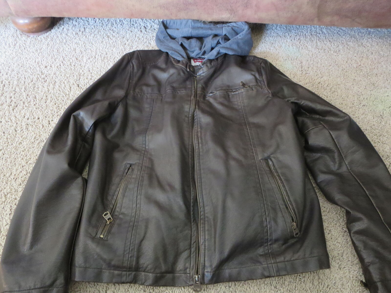 Levis Leather Jacket Mens Large Sherpa Lined Hooded Moto Jacket Biker
