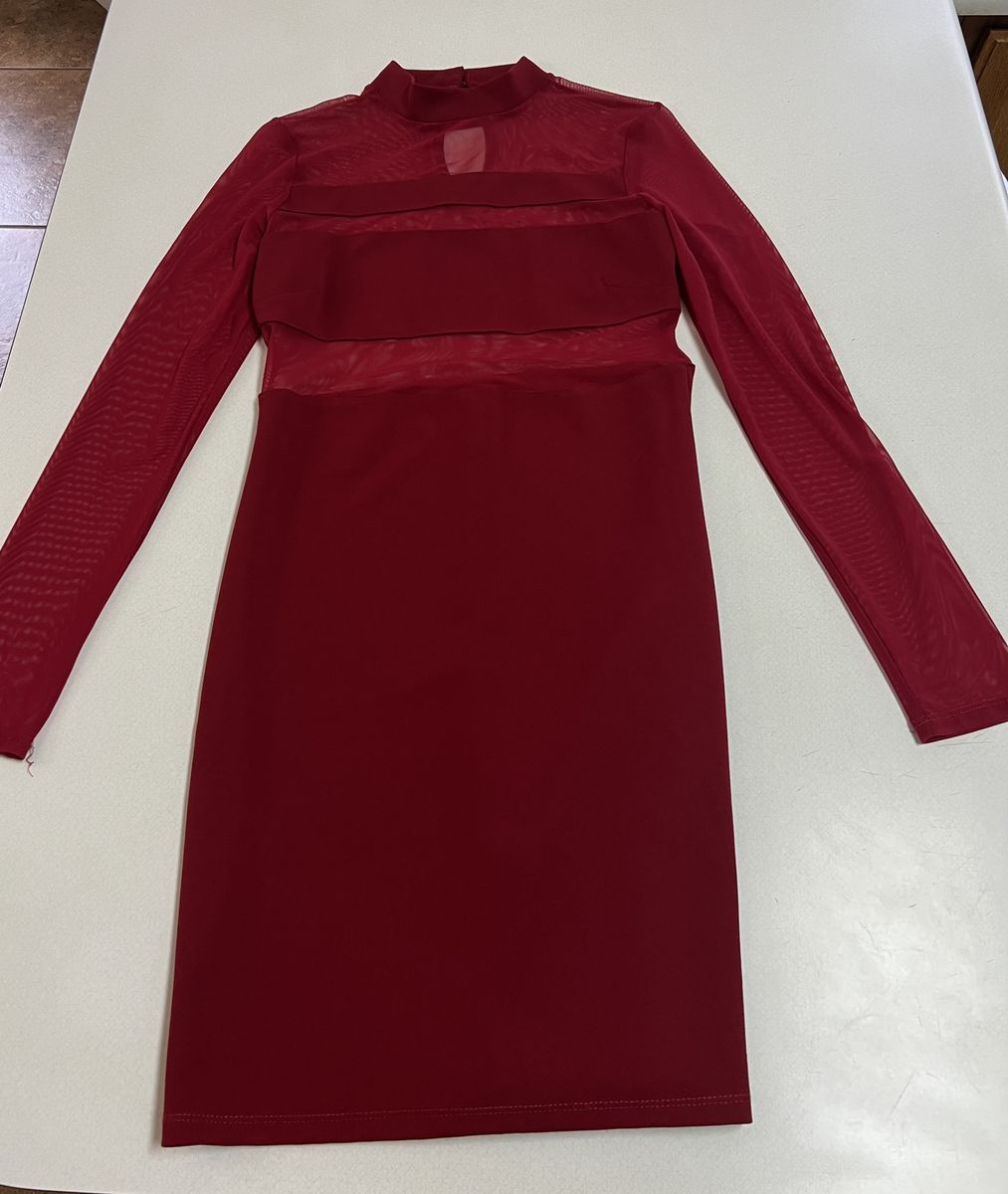 Deep red sheer long sleeve mini dress (M)