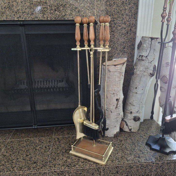 Vintage Brass Fireplace Tool Set - 5-Piece with Wood Handles and Stand