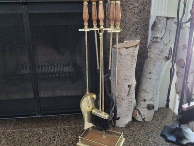 Vintage Brass Fireplace Tool Set - 5-Piece with Wood Handles and Stand