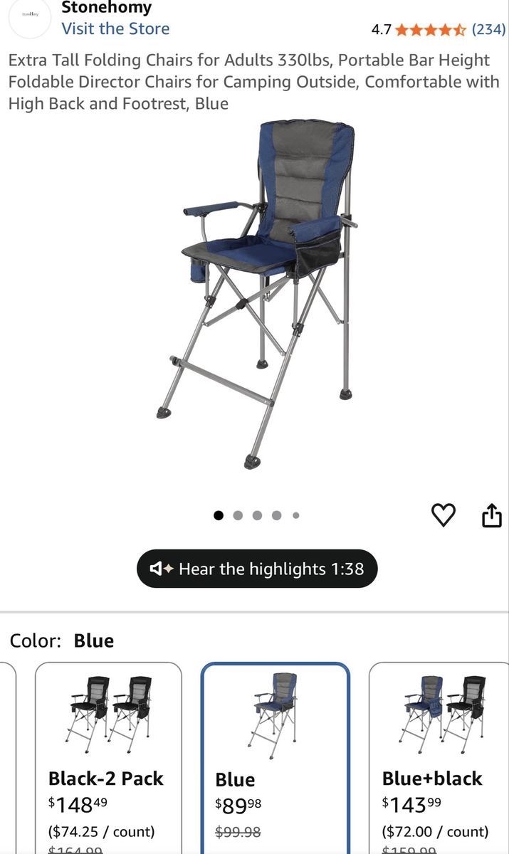 Extra tall folding camping chair