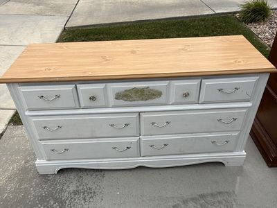 White 6-Drawer Dresser with Wood Top & Silver Handles - Minor wear