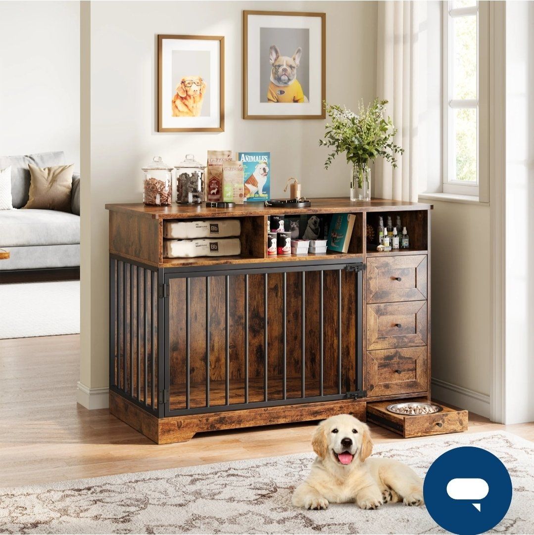 NEW Garvee 48" Dog Crate Furniture with 3 Drawers & Feeding Bowl  #466