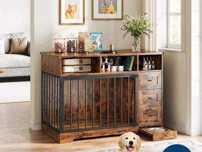 NEW Garvee 48" Dog Crate Furniture with 3 Drawers & Feeding Bowl #466