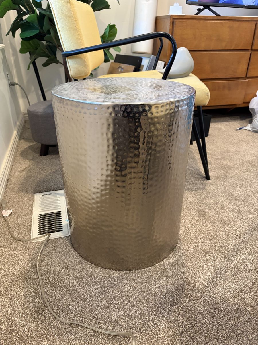 Hammered Silver Metal Drum Side Table / End Table