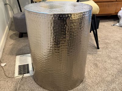 Hammered Silver Metal Drum Side Table / End Table