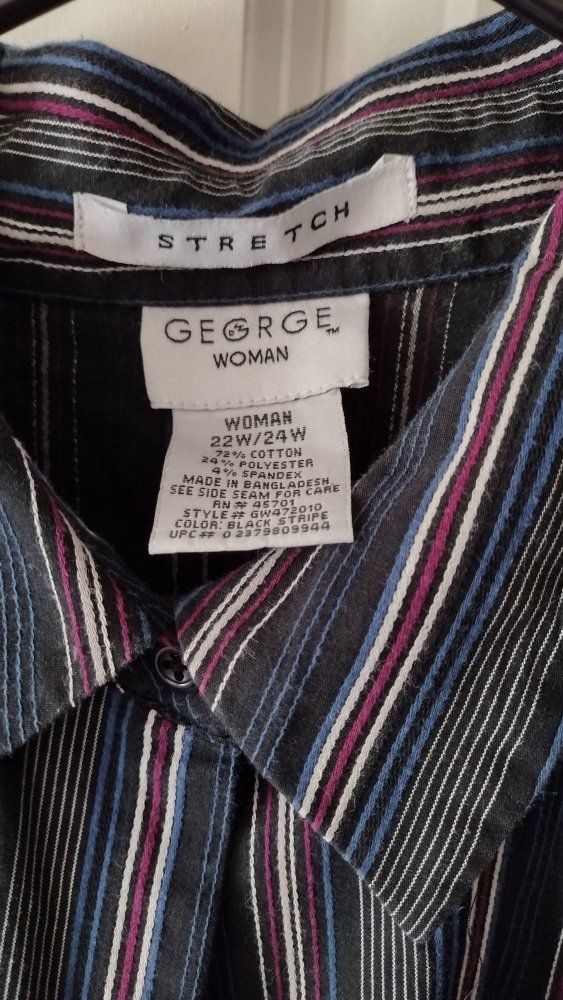 George Woman Plus Size 22W/24W Striped Long Sleeve Button-Up Shirt Stretch
