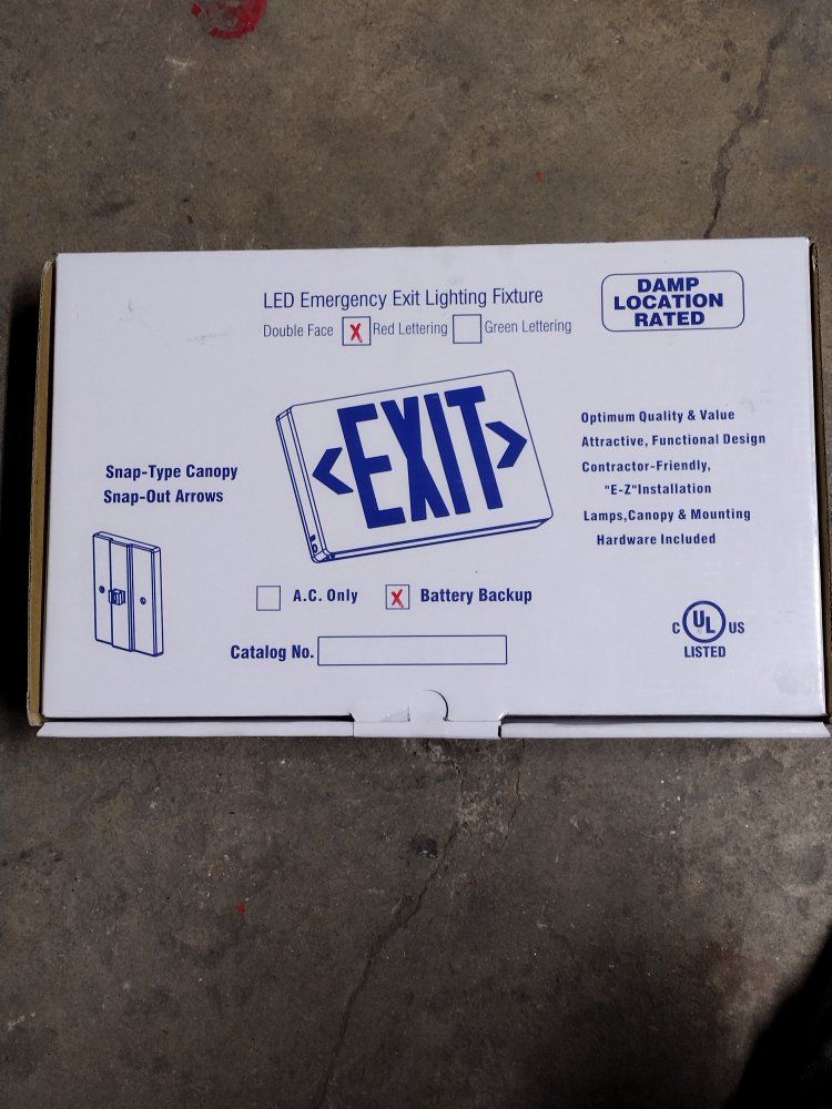 LED Emergency Exit Lighting Fixture Double Face Red Lettering Battery Backup 