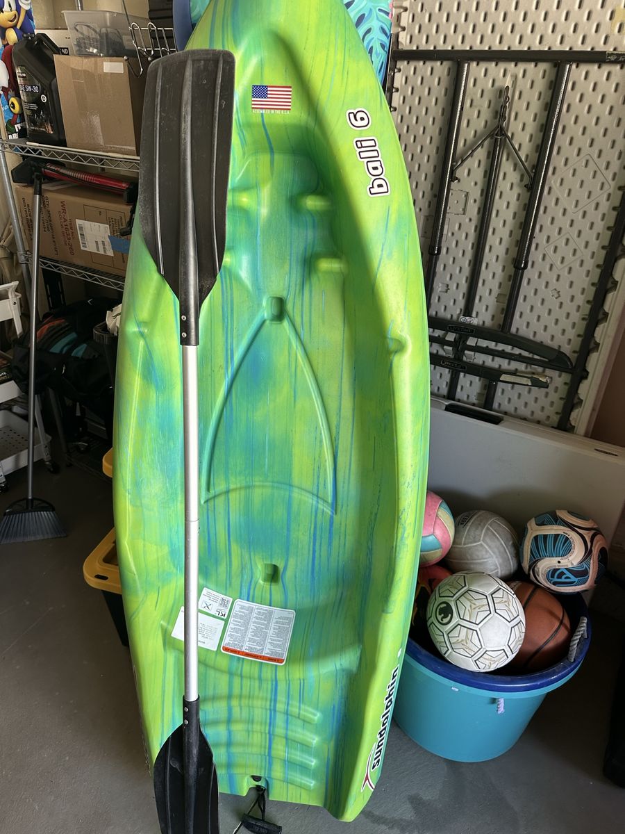 Two kayaks both have paddles included