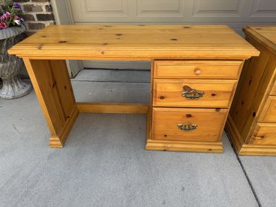 Solid Knotty Pine Wooden Study Desk with 3 Storage Drawers