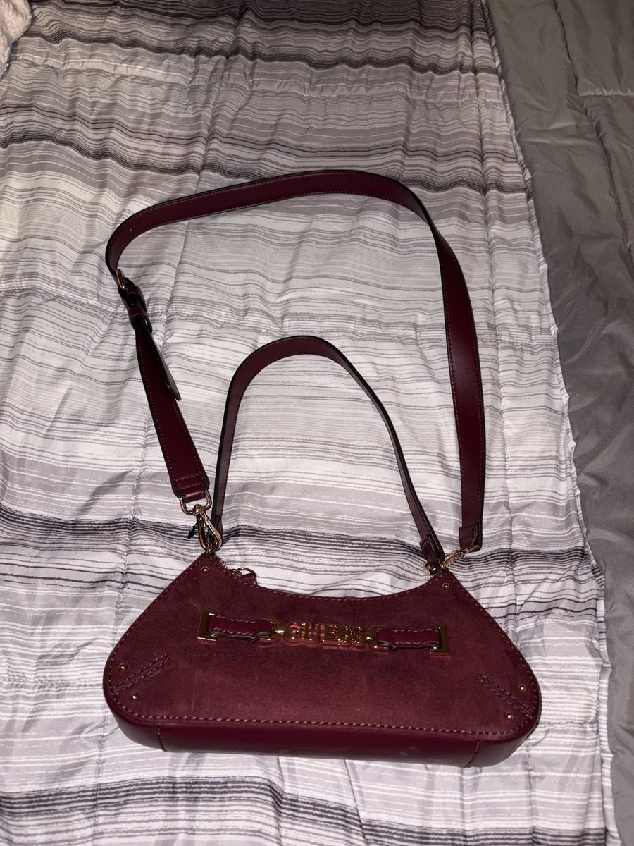 Guess Maroon Suede Shoulder Bag / Crossbody Purse with Gold Hardware