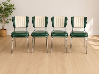 Set of 4 Retro Diner Chairs - Green & Cream, Chrome Legs