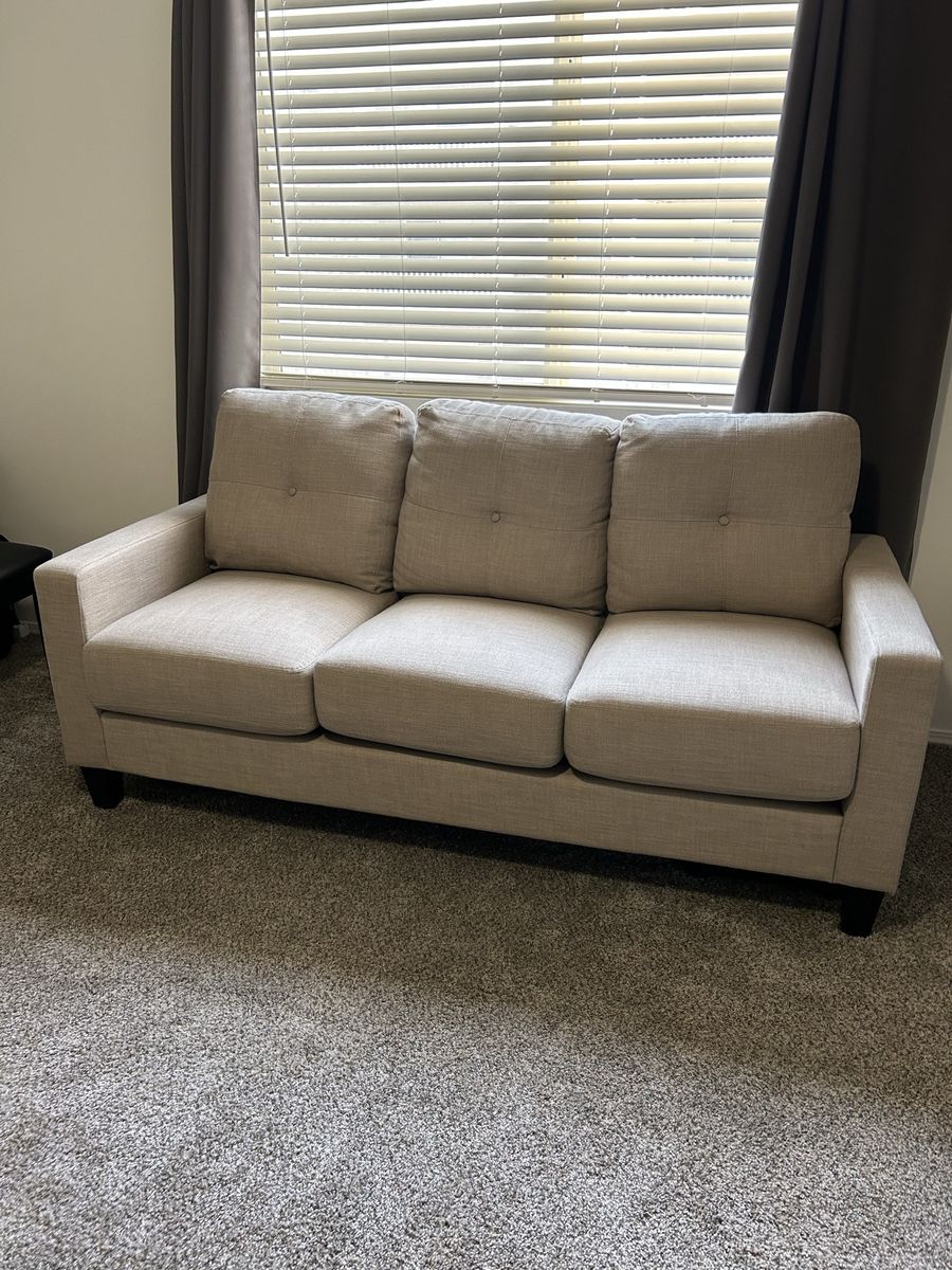 Beige 3-Seater Fabric Couch/Sofa with Tufted Back Cushions - Excellent Condition