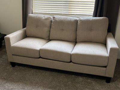 Beige 3-Seater Fabric Couch/Sofa with Tufted Back Cushions - Excellent Condition
