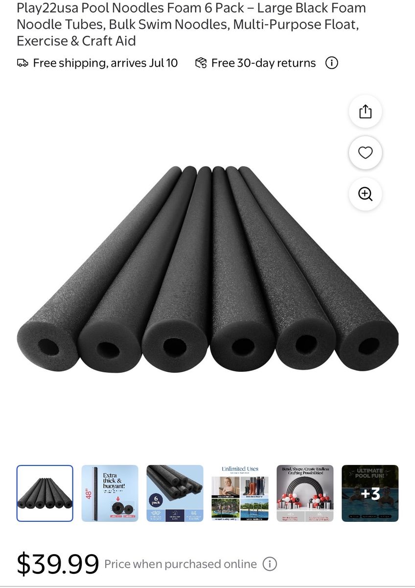 Play22usa 6-Pack Large Black Foam Pool Noodles - 48" Extra Thick Buoyant Swim & Craft Aid