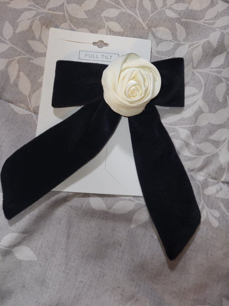 Full Tilt Black Velvet Bow Hair Clip with Ivory Rose Accent - New Accessory