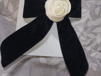Full Tilt Black Velvet Bow Hair Clip with Ivory Rose Accent - New Accessory