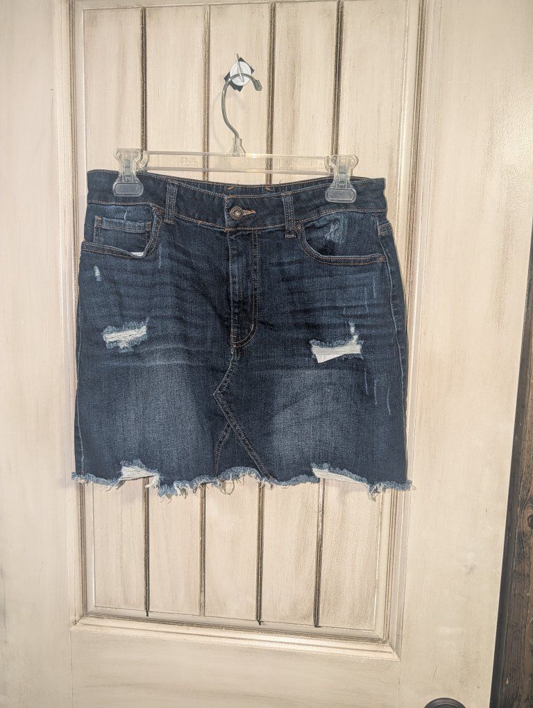 Wax Jean Women's Distressed Denim Mini Skirt - Dark Wash, Frayed Hem, Size L