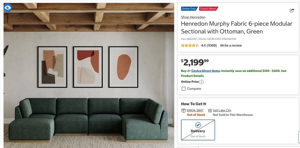 HENREDON GREEN 6-PIECE MODULAR SECTIONAL WITH OTTOMAN