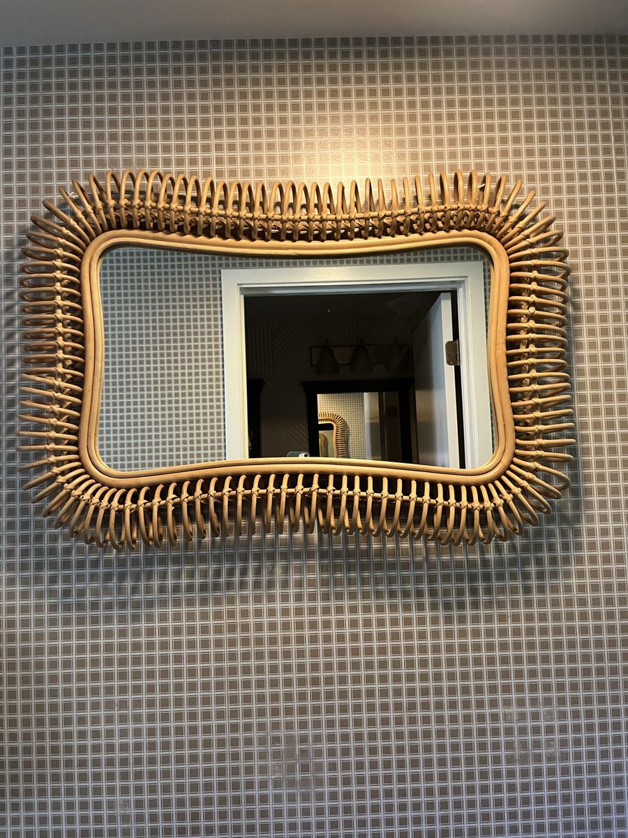 Boho Rattan Wicker Rectangle Wall Mirror - Natural Wood Frame, Decorative Accent