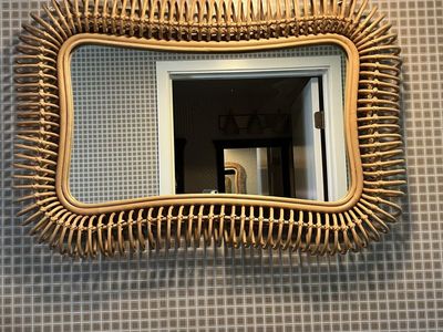 Boho Rattan Wicker Rectangle Wall Mirror - Natural Wood Frame, Decorative Accent