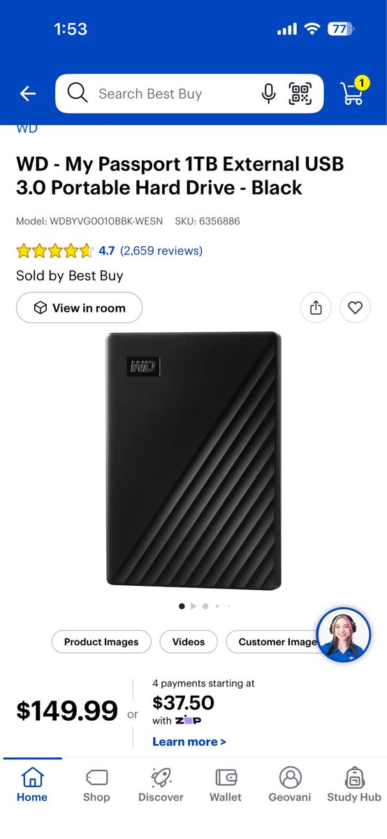 WD My Passport 1TB External USB 3.0 Portable Hard Drive - Black