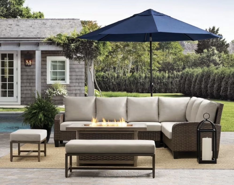 Lewiston Outdoor Wicker Patio Sectional Set with Gas Fire Pit Table - NEW
