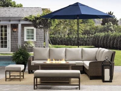 Lewiston Outdoor Wicker Patio Sectional Set with Gas Fire Pit Table - NEW