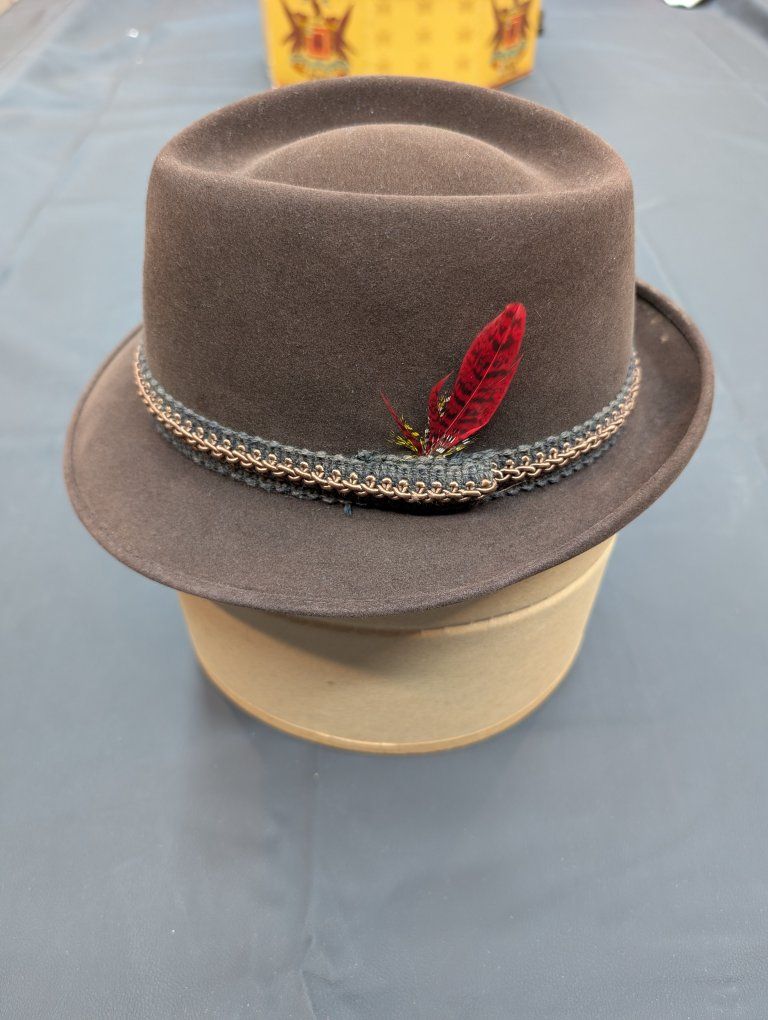 Vintage Knox New York Fedora Hat with Feather and Original Box - Size 7, Brown Felt