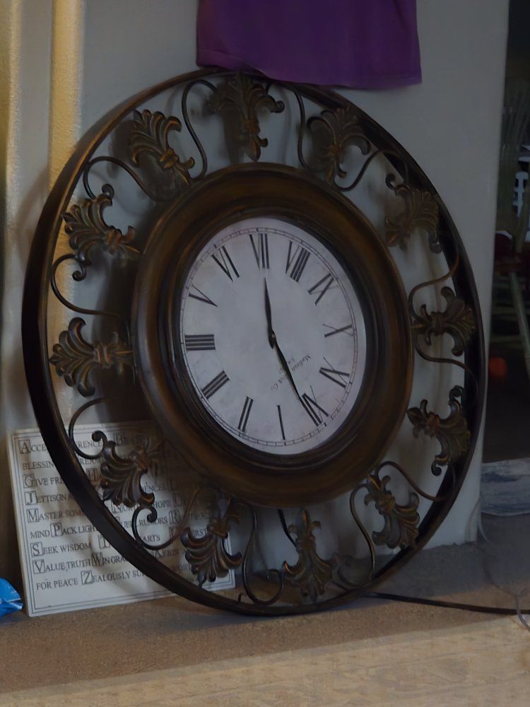 Large Round Wall Clock - Madinah & Co. Ornate Bronze Metal Frame Roman Numerals
