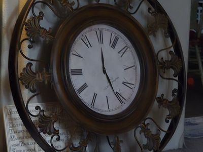 Large Round Wall Clock - Madinah & Co. Ornate Bronze Metal Frame Roman Numerals