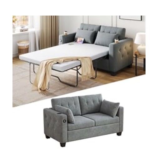 Solid Wood Full Sofa Bed with Memory Foam Mattress, 2-in-1 Design, 400 lbs Weight Capacity, Removable & Washable Covers