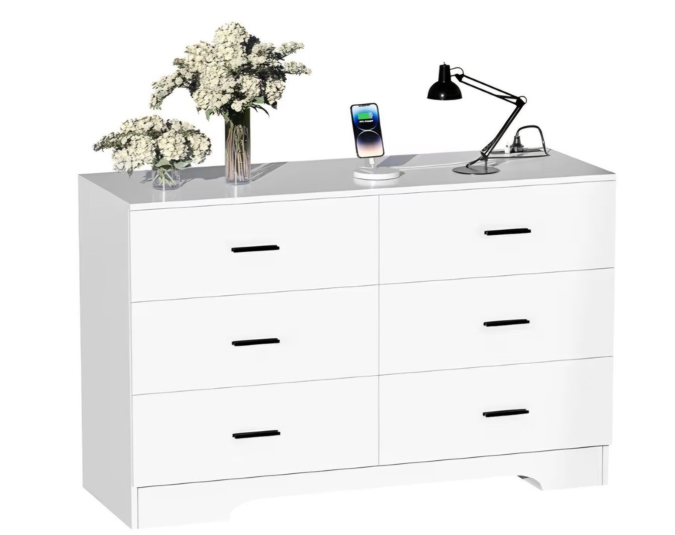 Dresser  Wooden 6 Drawer Dresser Chest of Drawers for Bedroom Tall White Storage Organizer for Living Room Hallway Closet