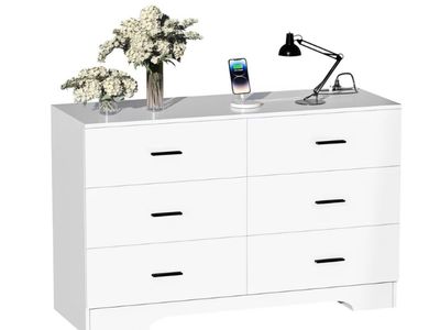 Dresser Wooden 6 Drawer Dresser Chest of Drawers for Bedroom Tall White Storage Organizer for Living Room Hallway Closet