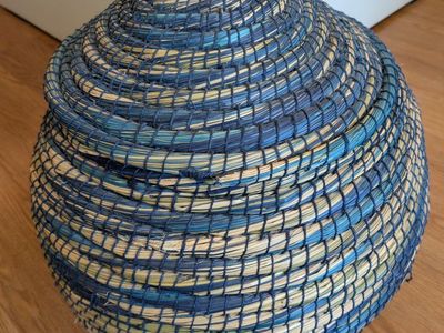 Handwoven Blue & Natural Wicker Storage Basket with Lid, Versatile Home Decor