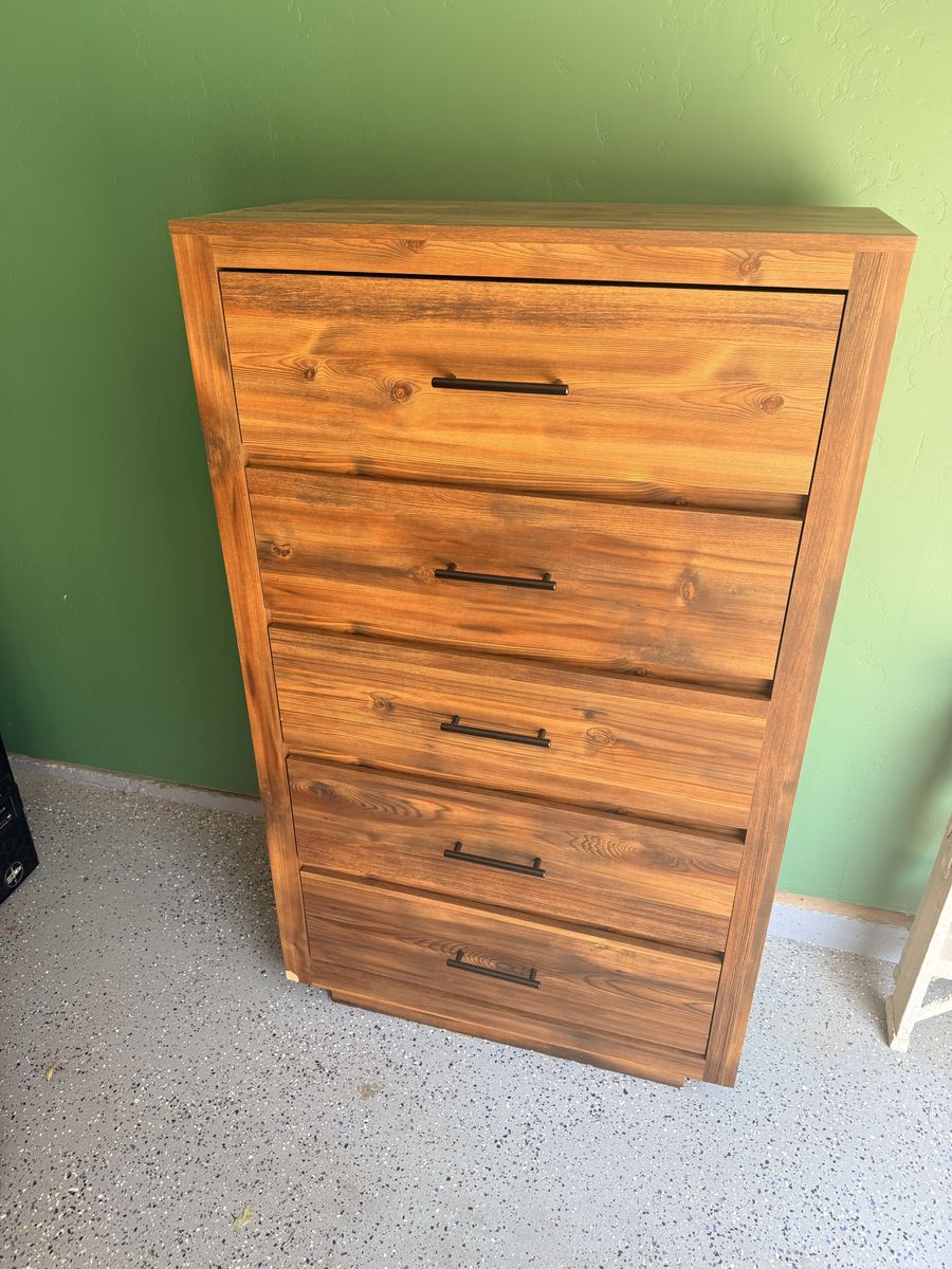 5-Drawer Wood Finish Tall Dresser Chest with Black Metal Handles