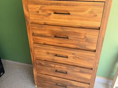 5-Drawer Wood Finish Tall Dresser Chest with Black Metal Handles
