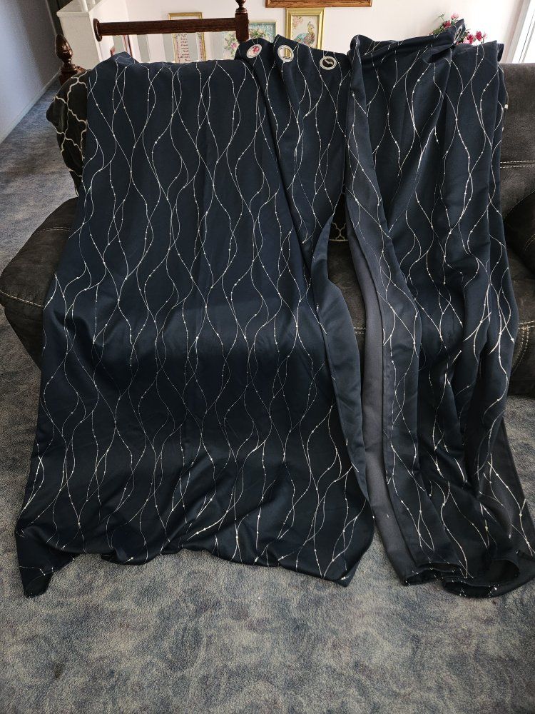 Navy Blue Curtain Panels with Silver Wavy Line Pattern - 2 Matching Panels, Grommet Top