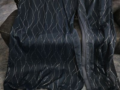 Navy Blue Curtain Panels with Silver Wavy Line Pattern - 2 Matching Panels, Grommet Top