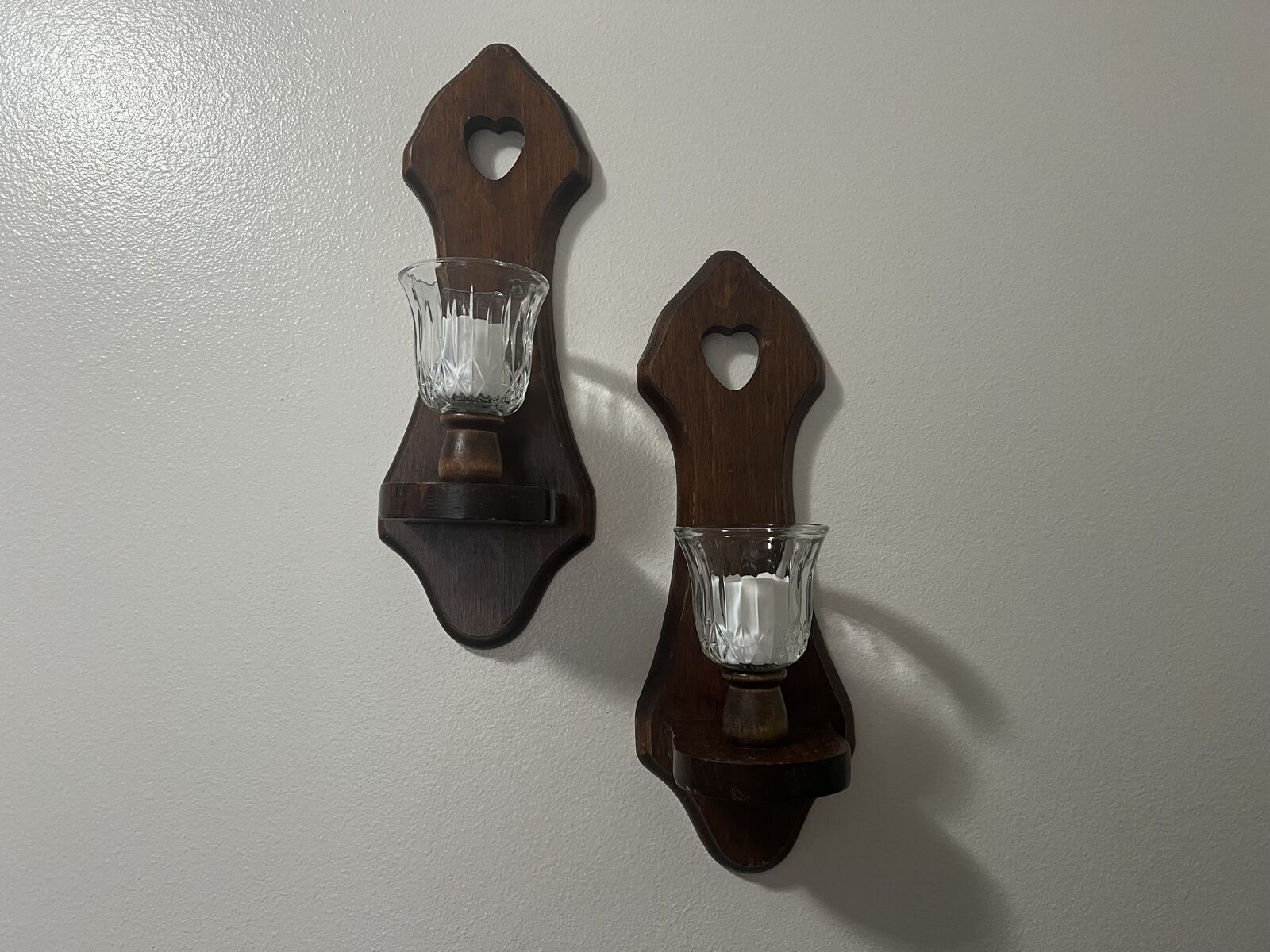 Vintage heart solid wood home interior sconces with white votive candles and battery-operated candles