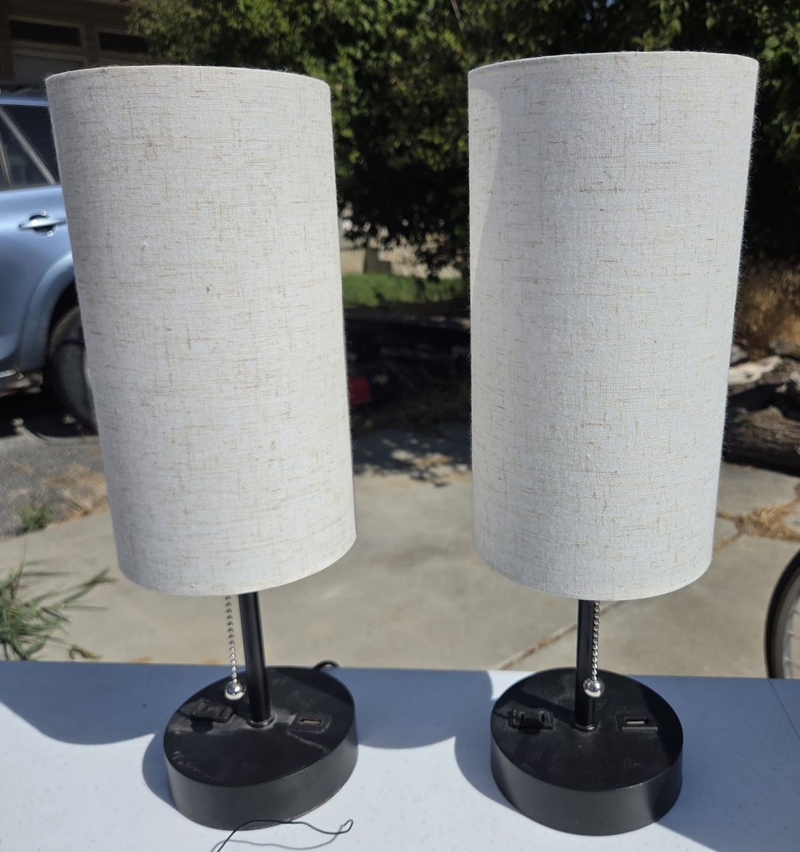 Pair of Modern Bedside Table Lamps with USB Ports and Fabric Cylinder Shades