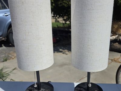 Pair of Modern Bedside Table Lamps with USB Ports and Fabric Cylinder Shades
