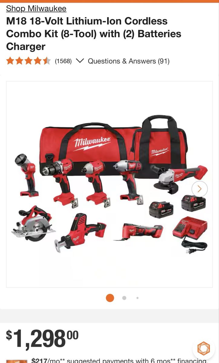 Milwaukee M18 18-Volt Lithium-Ion Cordless 8-Tool Combo Kit with (2) Batteries & Charger