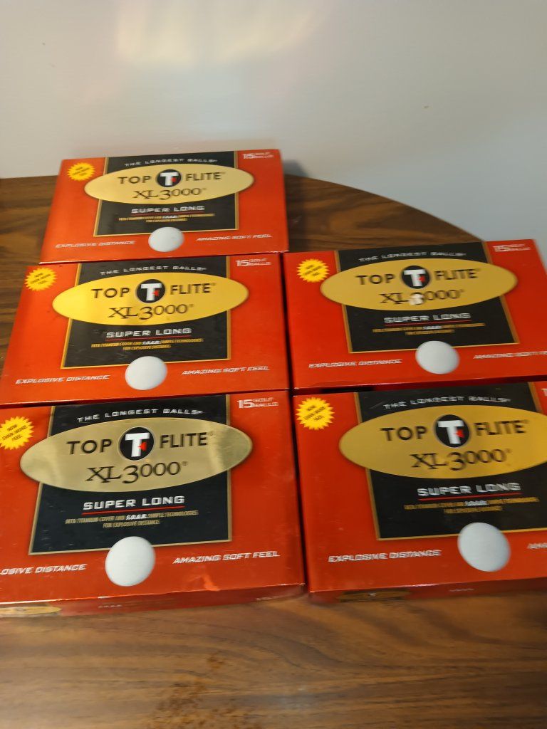 FIVE NEW BOXES of Top Flite XL-3000 Super Long Golf Balls - 15-Ball per box