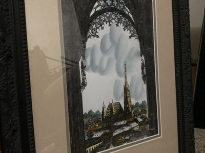 Vintage "Stephansdom Wien" Framed Art Print - European Cityscape Gothic Architecture- please make offer if interested in buying