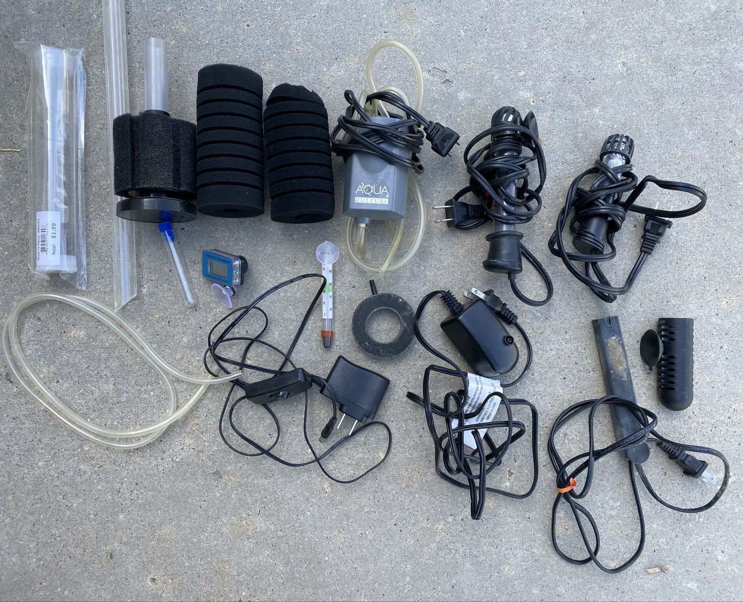 Assorted Aquarium Supplies Lot - Aqua Culture Air Pump, Heaters, Sponge Filters & Thermometer