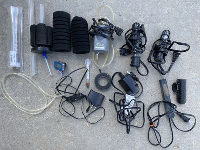 Assorted Aquarium Supplies Lot - Aqua Culture Air Pump, Heaters, Sponge Filters & Thermometer